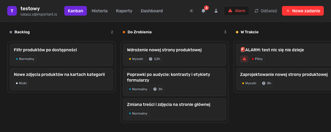 Tablica zadań w portalu klienta important.is: kolumny backlog, do zrobienia, w trakcie i zablokowane, a przy zadaniach priorytet i szacowana liczba godzin