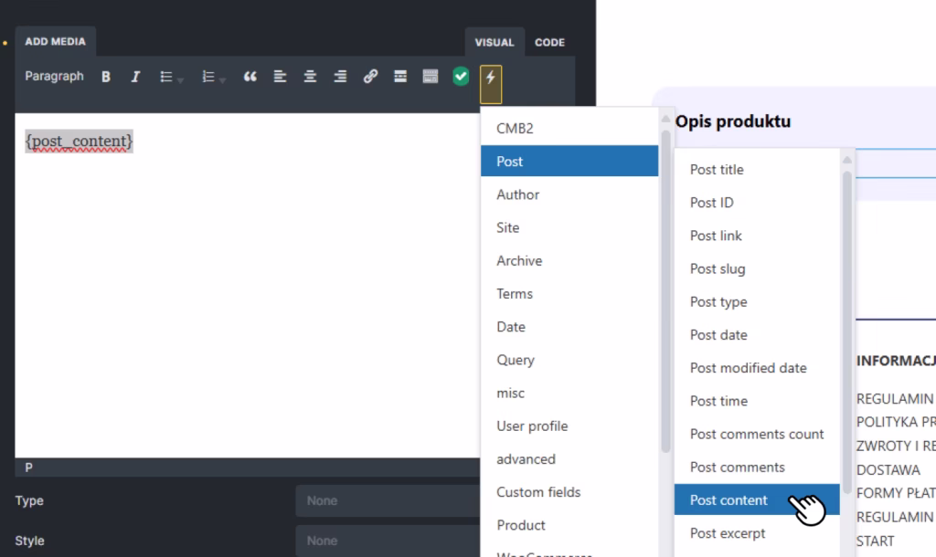 Wybieranie dynamicznego tagu "Post content" z listy dostępnych danych w edytorze Bricks Builder.