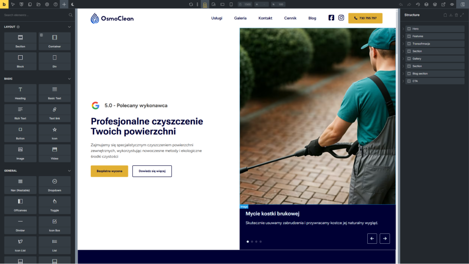 Interfejs wizualnego kreatora stron Bricks Builder, pokazujący panel z elementami, strukturę strony oraz podgląd na żywo budowanej witryny dla firmy czyszczącej.