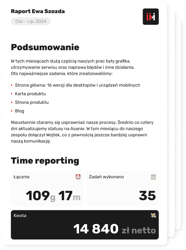 Przykładowy raport tygodniowy important.is, podsumowanie prac, czas, kwota